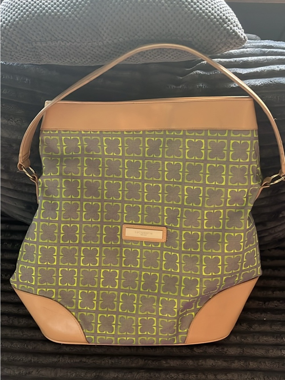 Liz Claiborne Gray and Lime Patterned Shoulder Tote with Tan Trim
